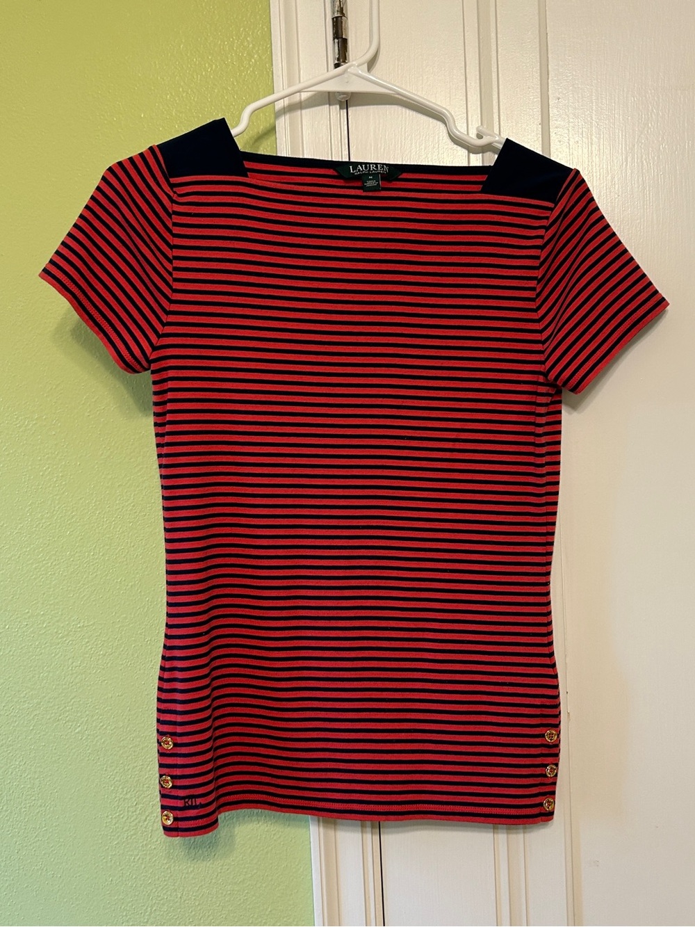 Ralph Lauren Red and Navy Striped Short-Sleeve Top